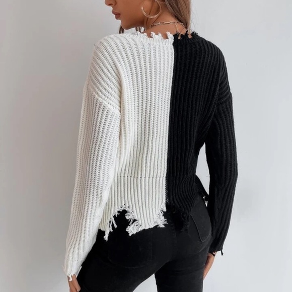 Shein Two Tone Drop Shoulder Distressed Trim Sweater 🧡 - Picture 2 of 7